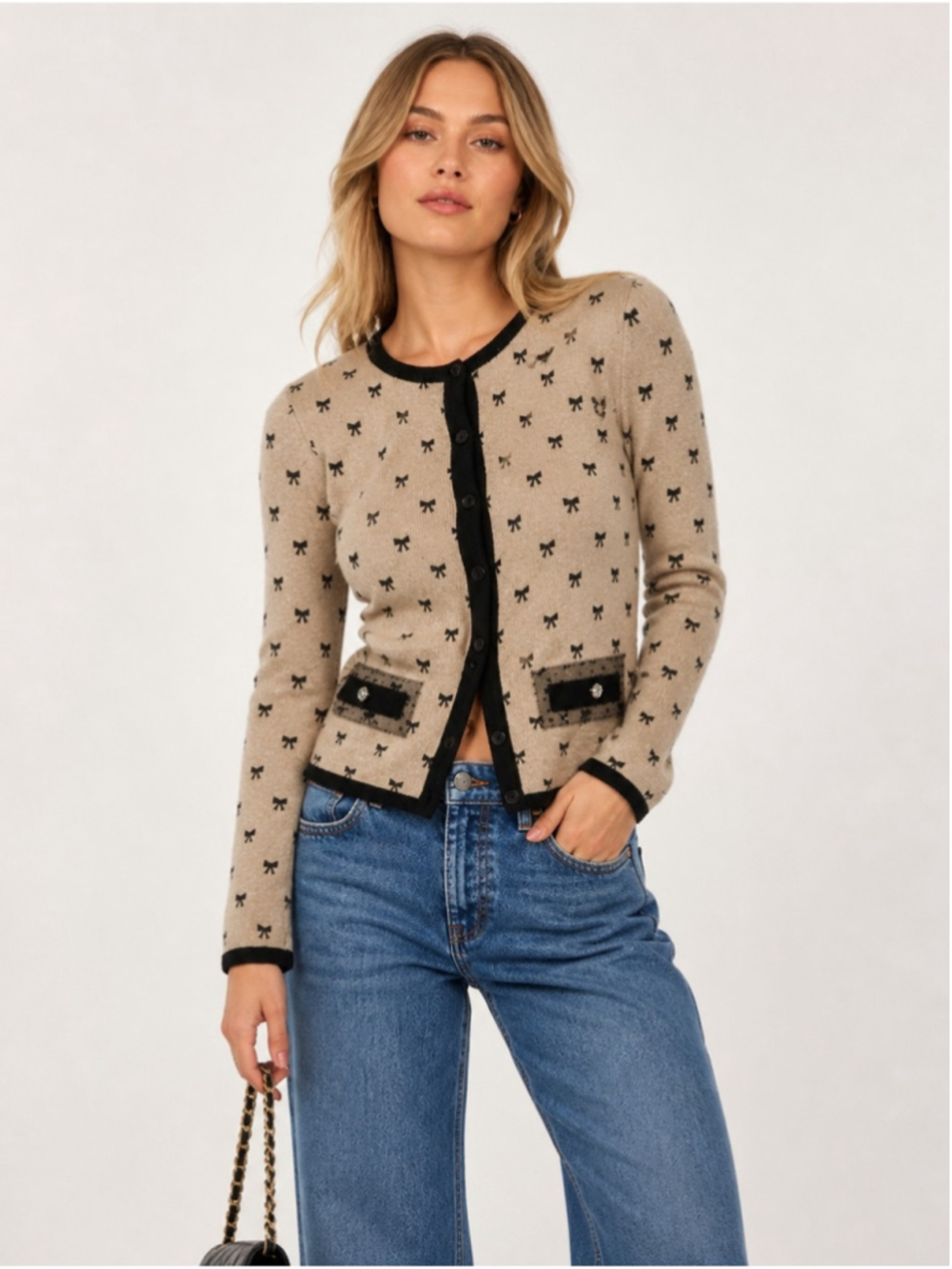 D M G Made in Italy Bow Print Wool Cashmere Cardigan Beige Black Size M